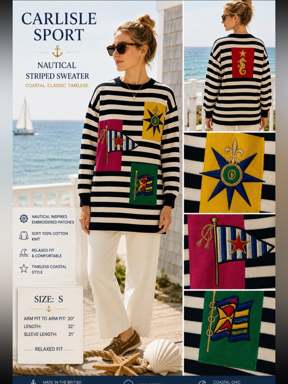 Vintage Carlisle Sport Nautical Sweater Tunic Coastal Yacht Club S